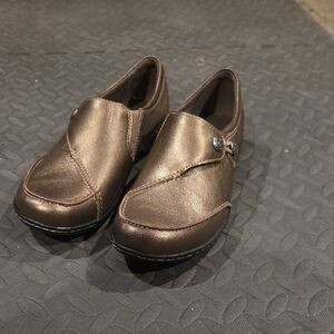 Clarks Bronze Mules with Button Detail